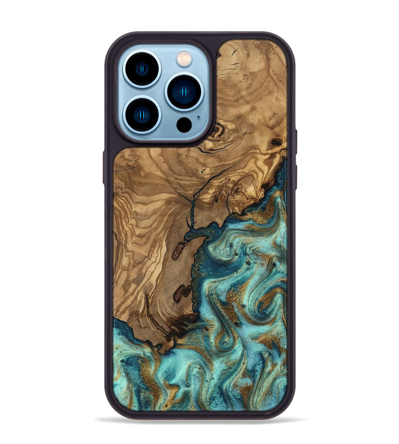 iPhone 14 Pro Max Wood Phone Case - Erik (Teal & Gold, 818663)