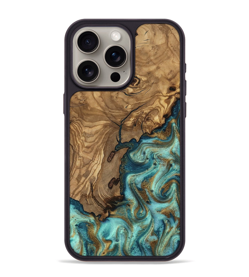 iPhone 15 Pro Max Wood Phone Case - Erik (Teal & Gold, 818663)