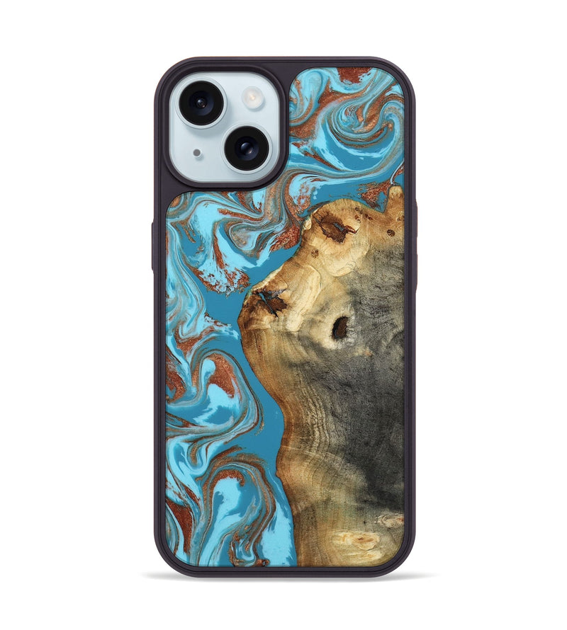 iPhone 15 Wood Phone Case - Kevin (Teal & Gold, 818783)