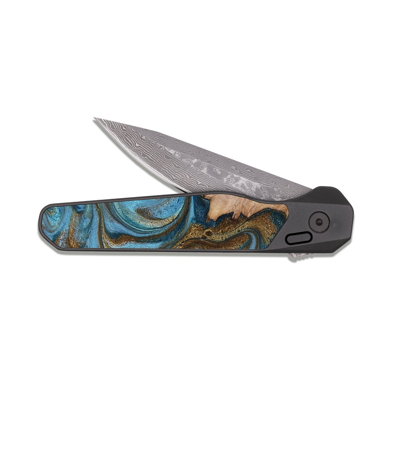 EDC Dark Damascus Wood Pocket Knife - Jace (Teal & Gold, 818784)
