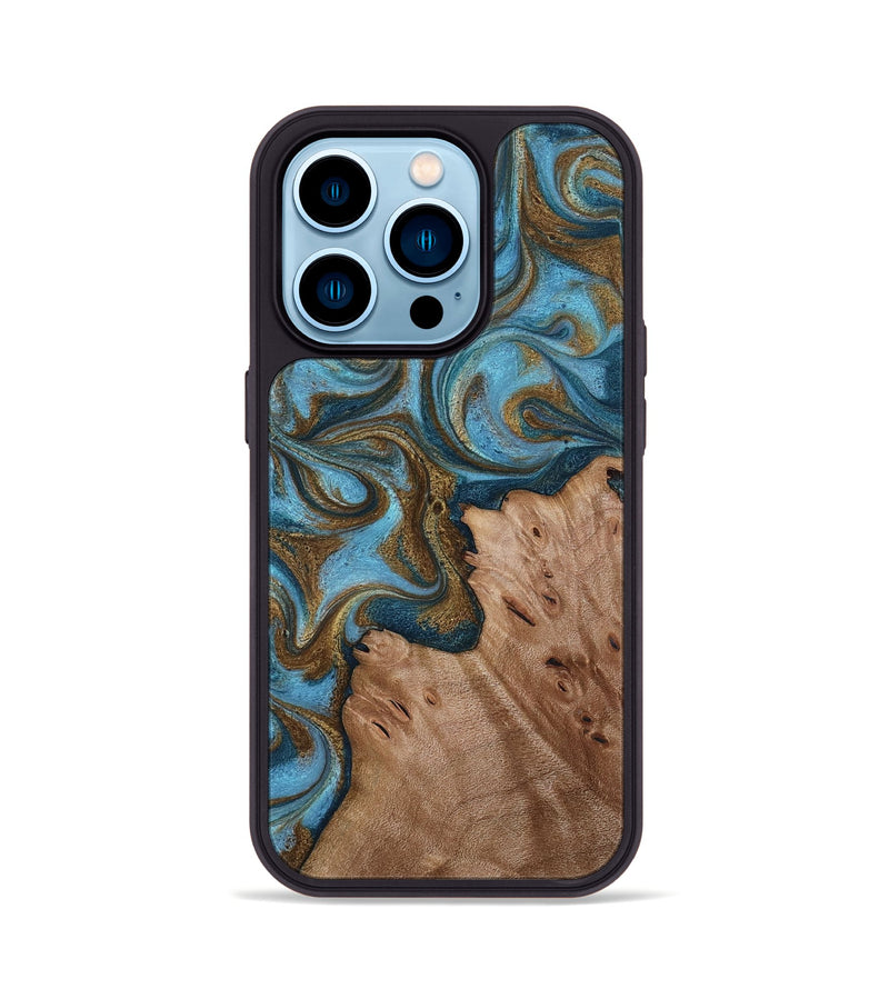 iPhone 14 Pro Wood Phone Case - Jace (Teal & Gold, 818784)