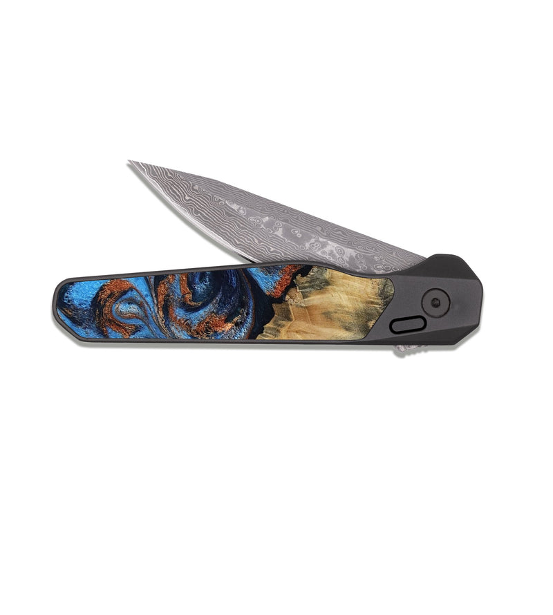 EDC Dark Damascus Wood Pocket Knife - Waldo (Teal & Gold, 818785)