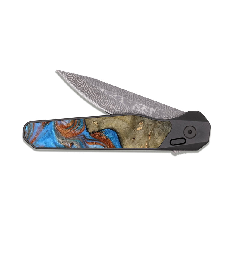 EDC Dark Damascus Wood Pocket Knife - Carl (Teal & Gold, 818786)