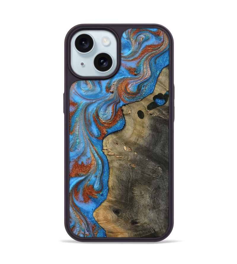 iPhone 15 Wood Phone Case - Carl (Teal & Gold, 818786)