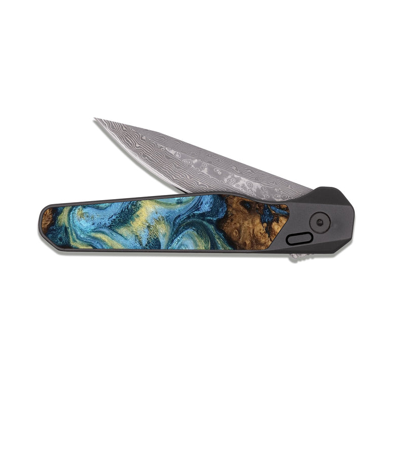 EDC Dark Damascus Wood Pocket Knife - Dudley (Teal & Gold, 818787)