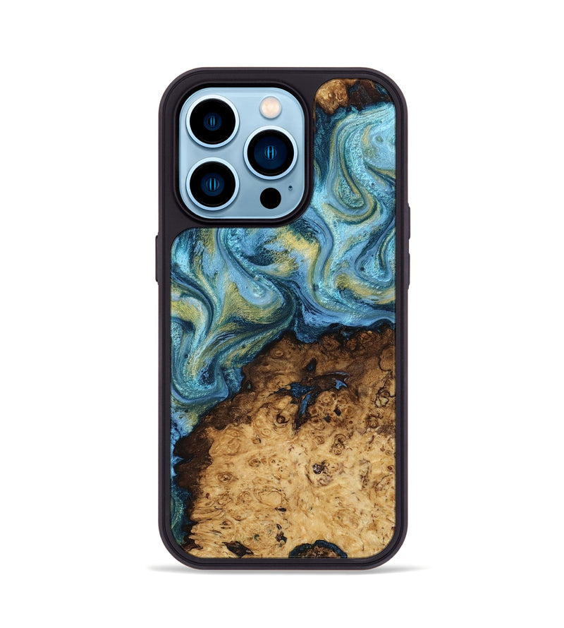 iPhone 14 Pro Wood Phone Case - Dudley (Teal & Gold, 818787)