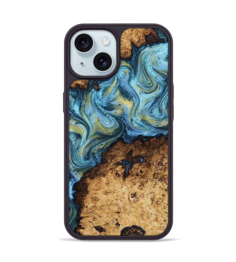 iPhone 15 Wood Phone Case - Dudley (Teal & Gold, 818787)