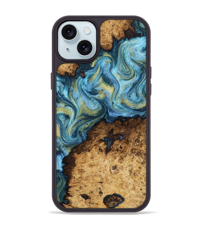 iPhone 15 Plus Wood Phone Case - Dudley (Teal & Gold, 818787)