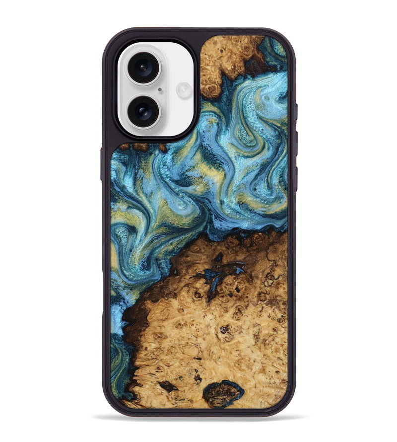 iPhone 16 Plus Wood Phone Case - Dudley (Teal & Gold, 818787)