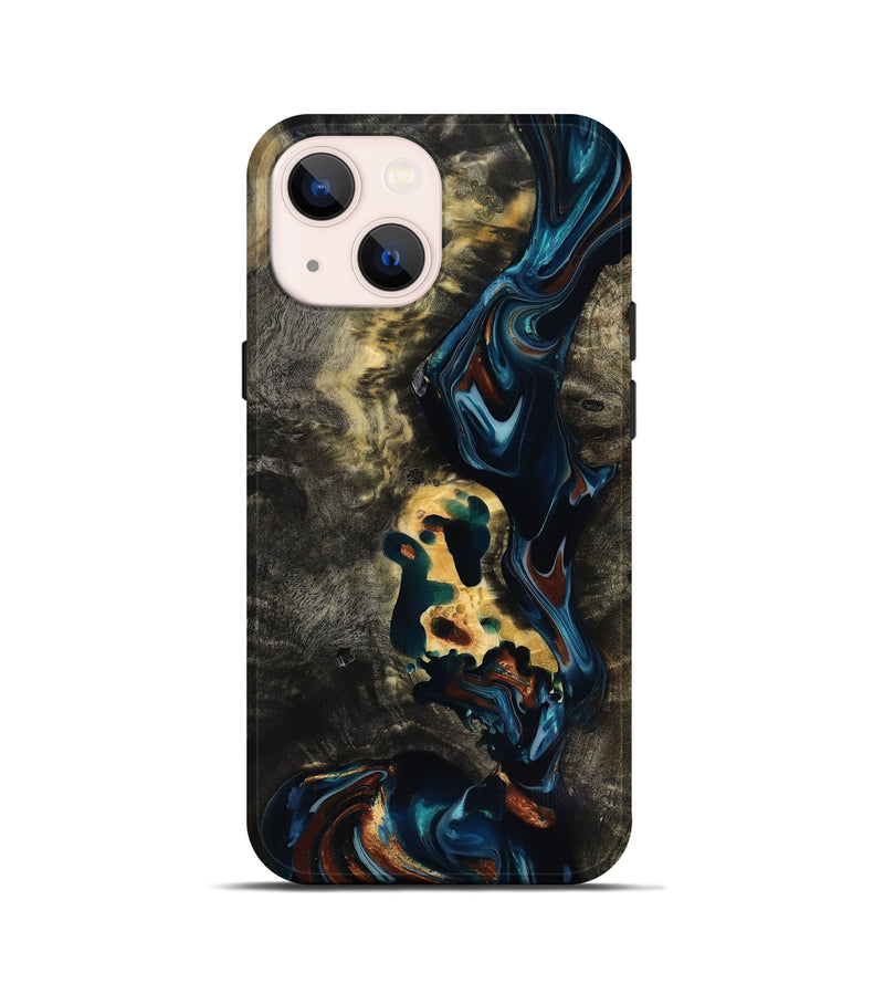 iPhone 13 mini Wood Live Edge Phone Case - Memphis (Teal & Gold, 818920)