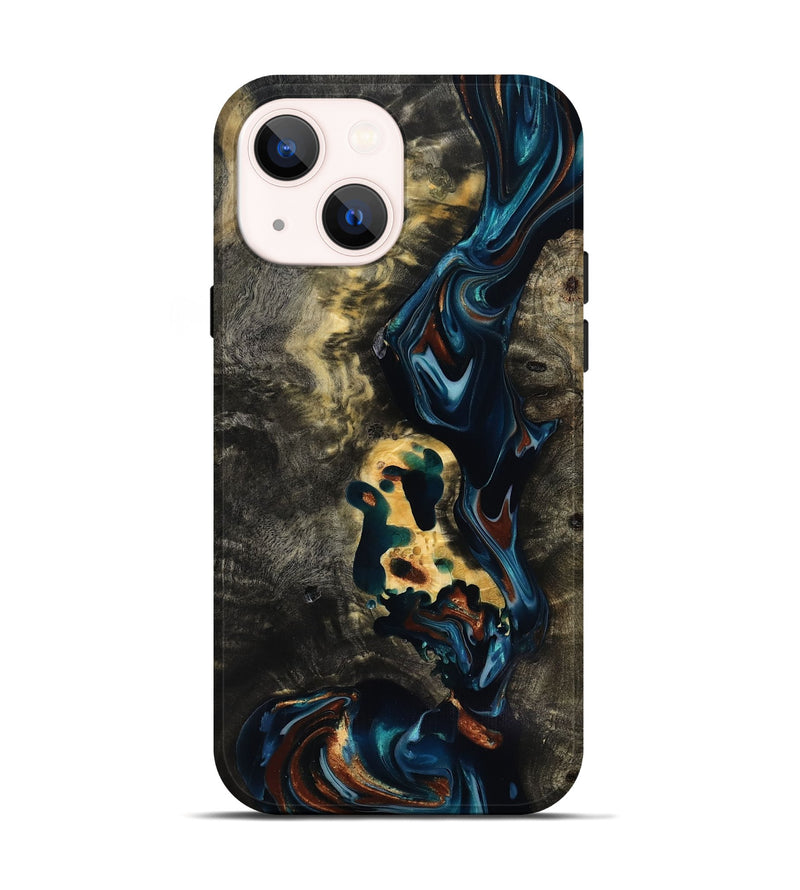 iPhone 14 Wood Live Edge Phone Case - Memphis (Teal & Gold, 818920)