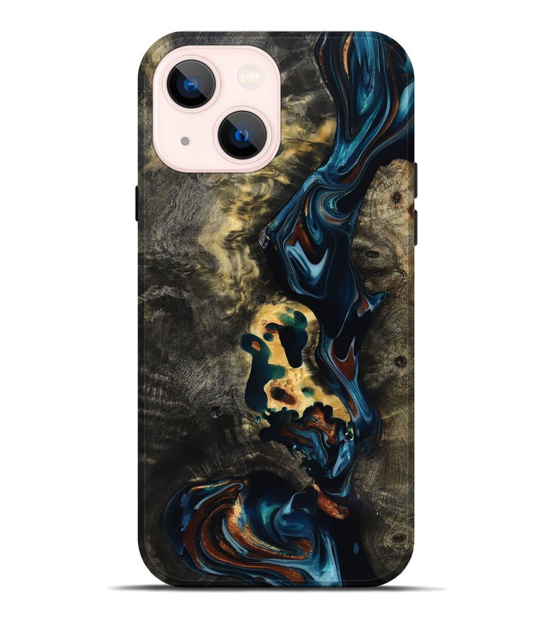 iPhone 14 Plus Wood Live Edge Phone Case - Memphis (Teal & Gold, 818920)