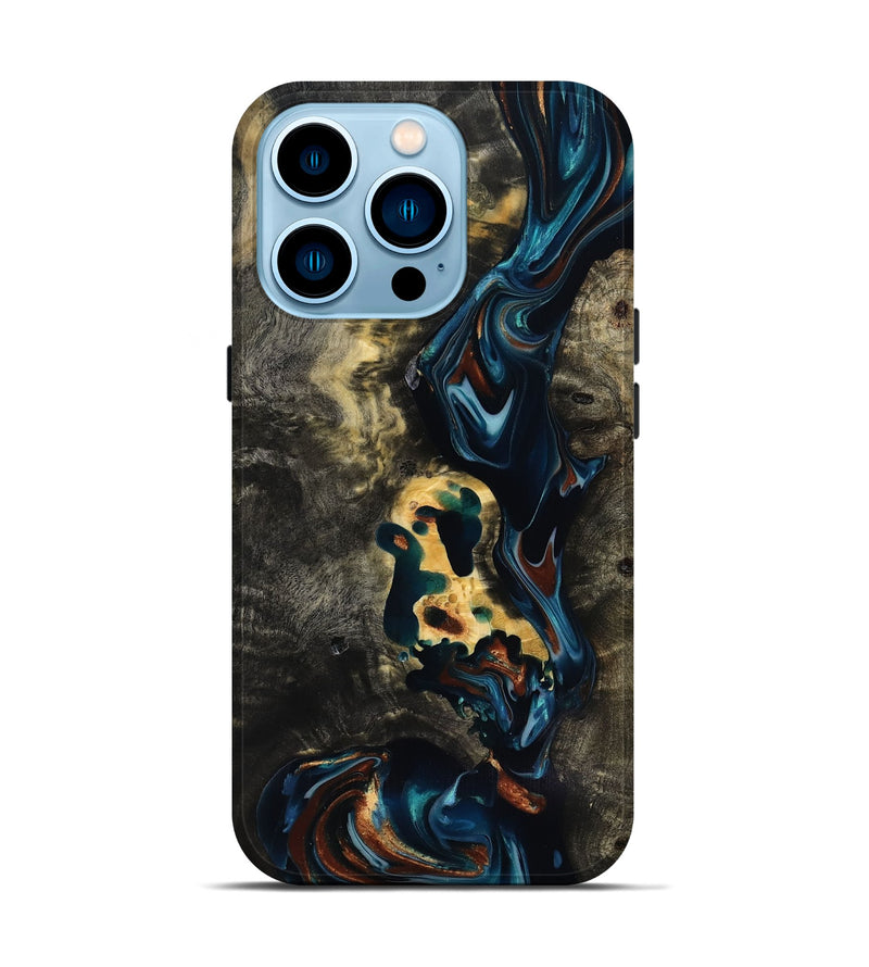 iPhone 14 Pro Wood Live Edge Phone Case - Memphis (Teal & Gold, 818920)