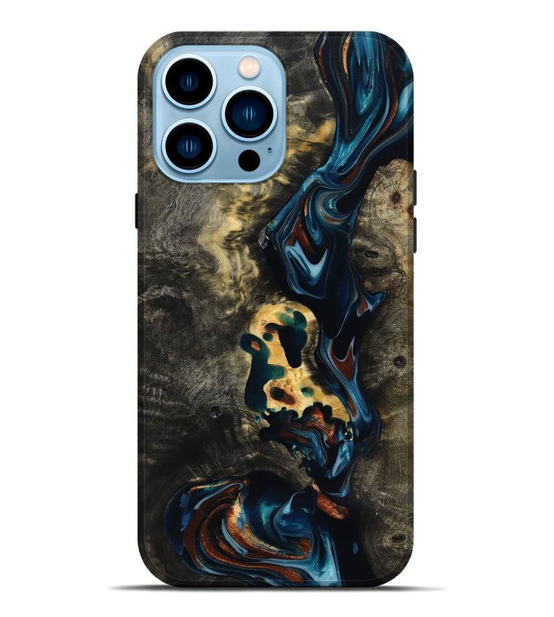 iPhone 14 Pro Max Wood Live Edge Phone Case - Memphis (Teal & Gold, 818920)