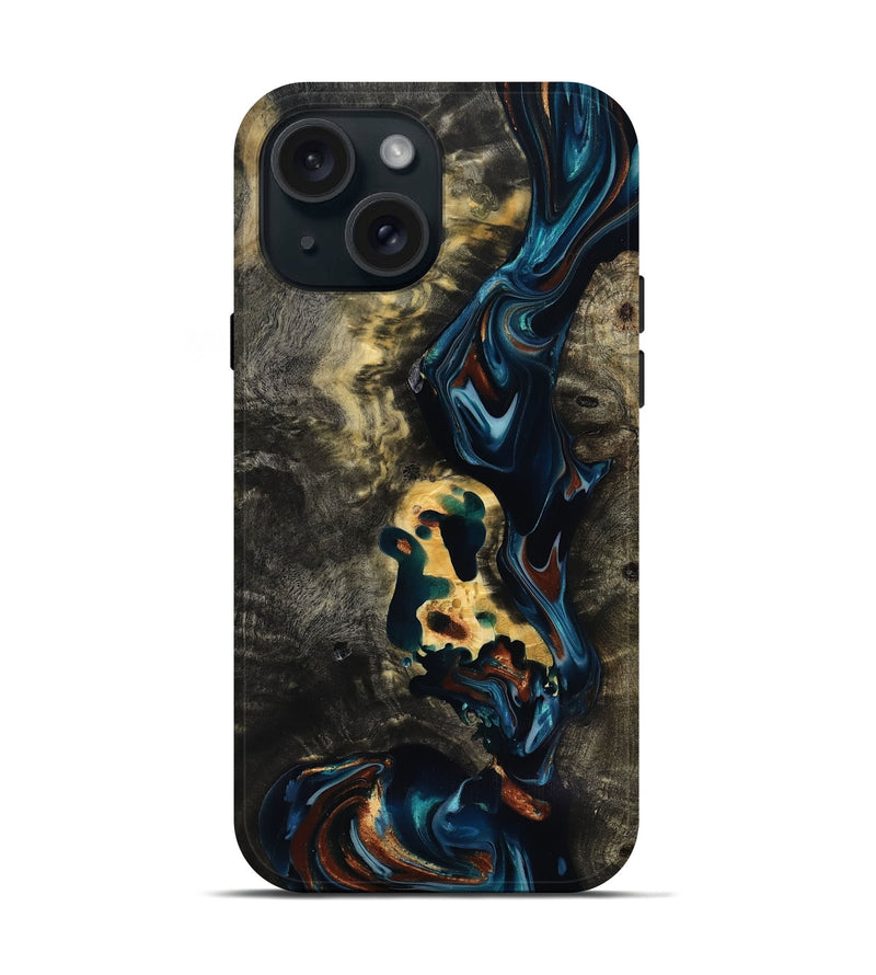 iPhone 15 Wood Live Edge Phone Case - Memphis (Teal & Gold, 818920)