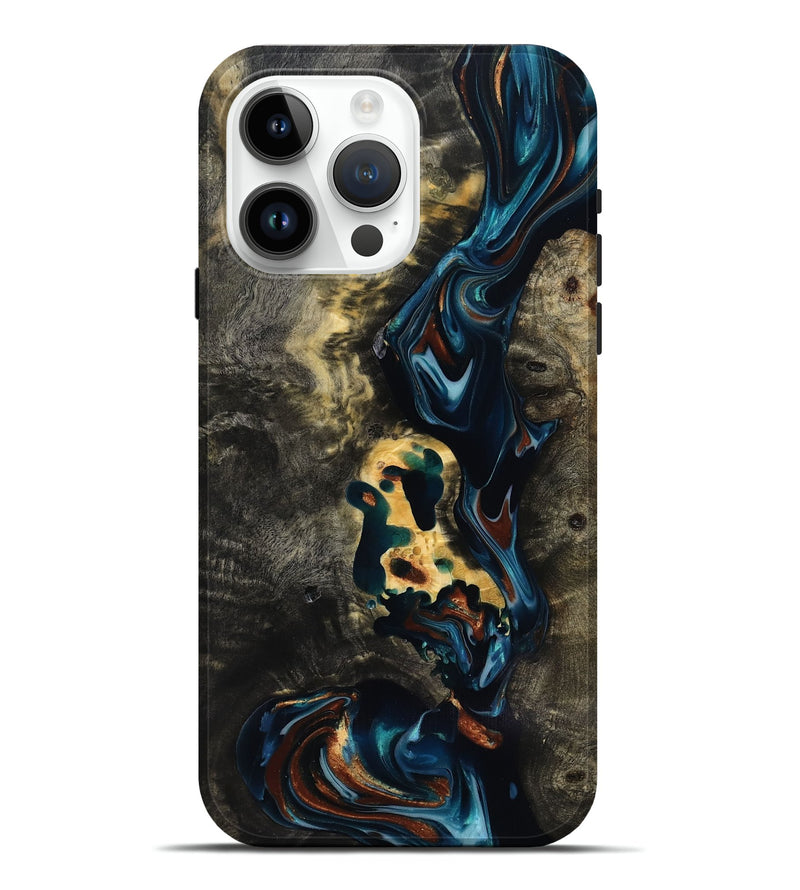 iPhone 15 Pro Max Wood Live Edge Phone Case - Memphis (Teal & Gold, 818920)