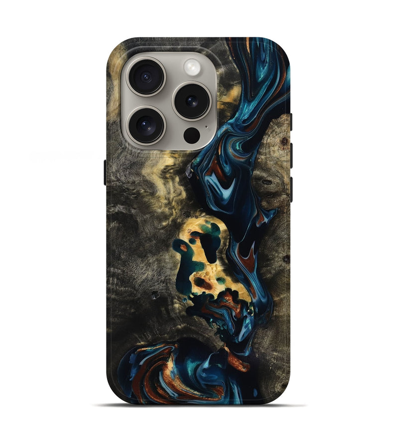 iPhone 16 Pro Wood Live Edge Phone Case - Memphis (Teal & Gold, 818920)