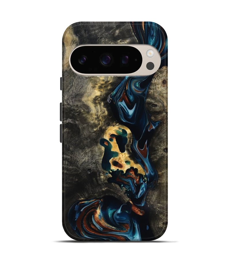 Pixel 10 Pro Wood Live Edge Phone Case - Memphis (Teal & Gold, 818920)