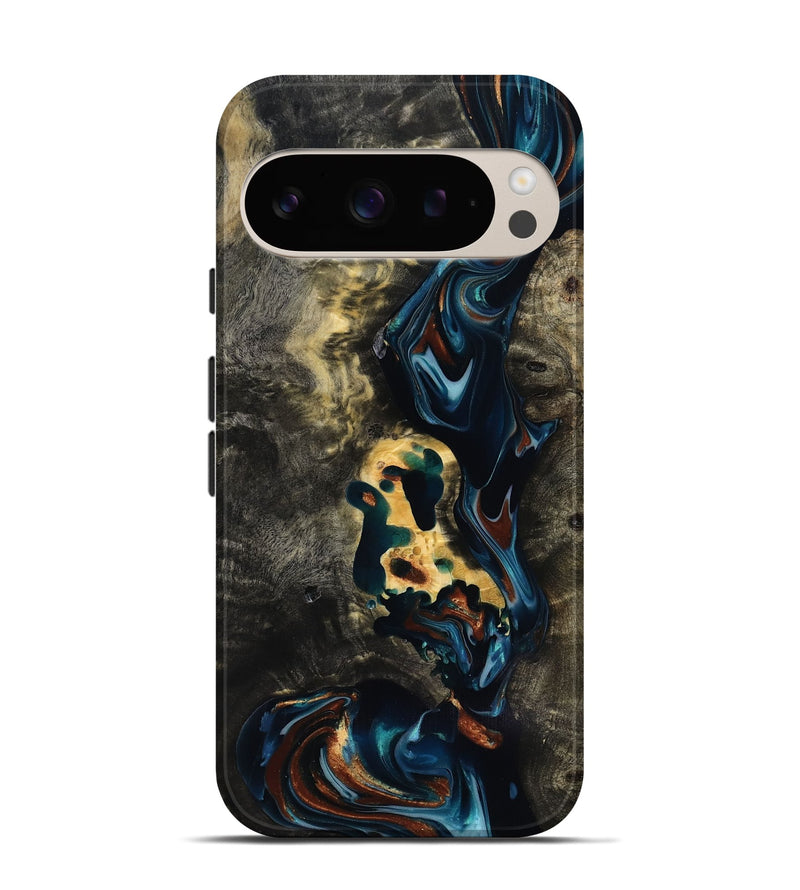Pixel 9 Pro Wood Live Edge Phone Case - Memphis (Teal & Gold, 818920)