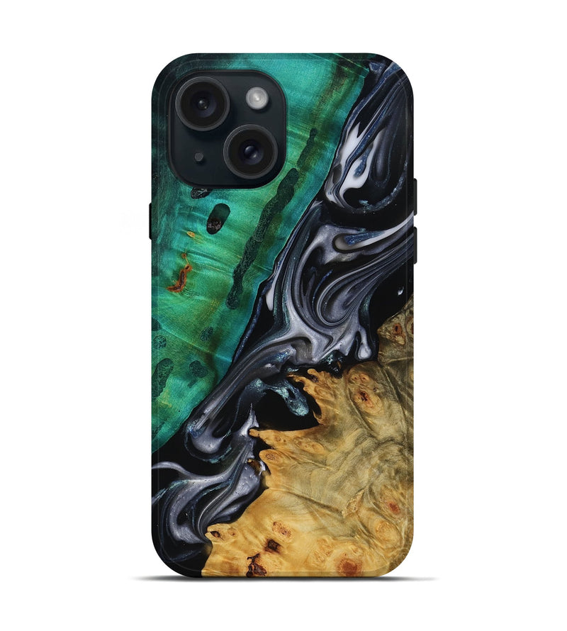 iPhone 15 Wood Live Edge Phone Case - Mara (Black & White, 818930)