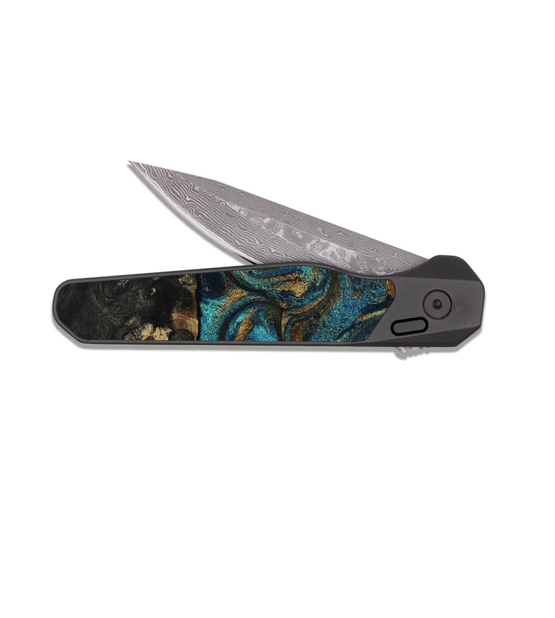 EDC Dark Damascus Wood Pocket Knife - Dee (Teal & Gold, 819071)