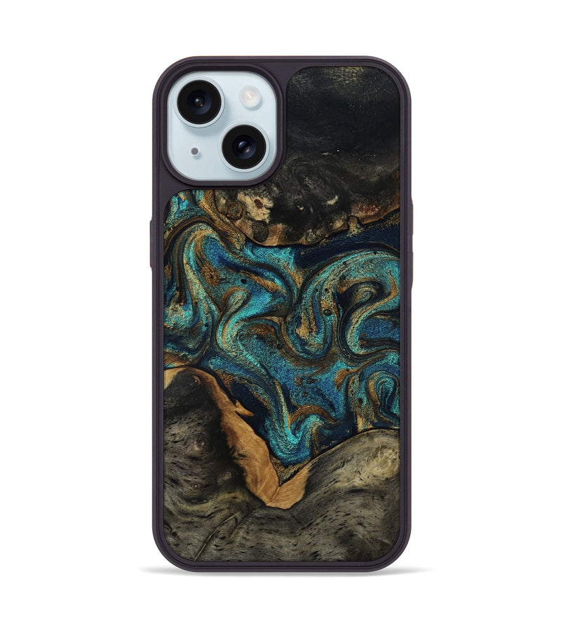 iPhone 15 Wood Phone Case - Dee (Teal & Gold, 819071)