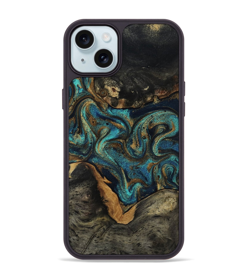iPhone 15 Plus Wood Phone Case - Dee (Teal & Gold, 819071)