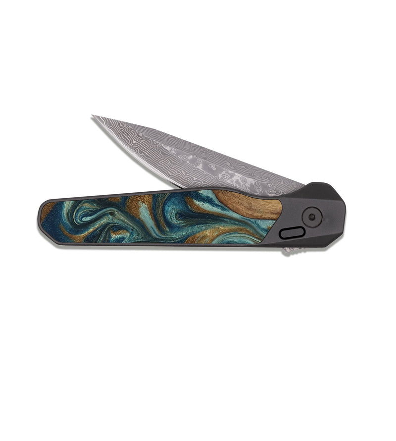 EDC Dark Damascus Wood Pocket Knife - Garrick (Teal & Gold, 819073)