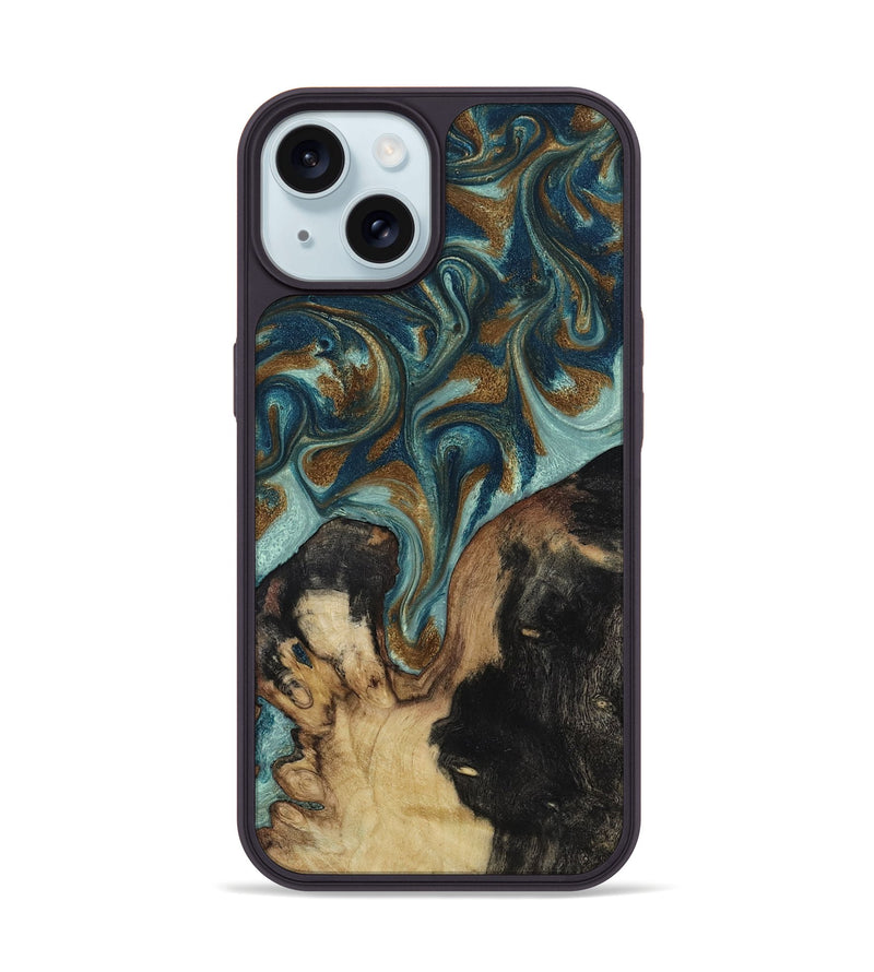 iPhone 15 Wood Phone Case - Garrick (Teal & Gold, 819073)