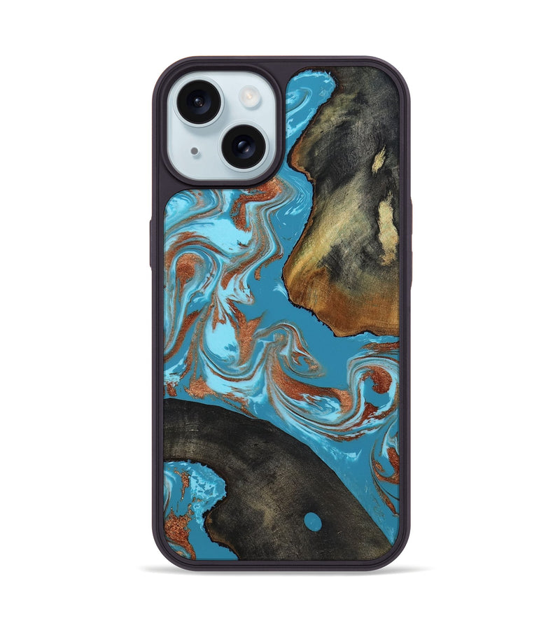 iPhone 15 Wood Phone Case - Domingo (Teal & Gold, 819074)