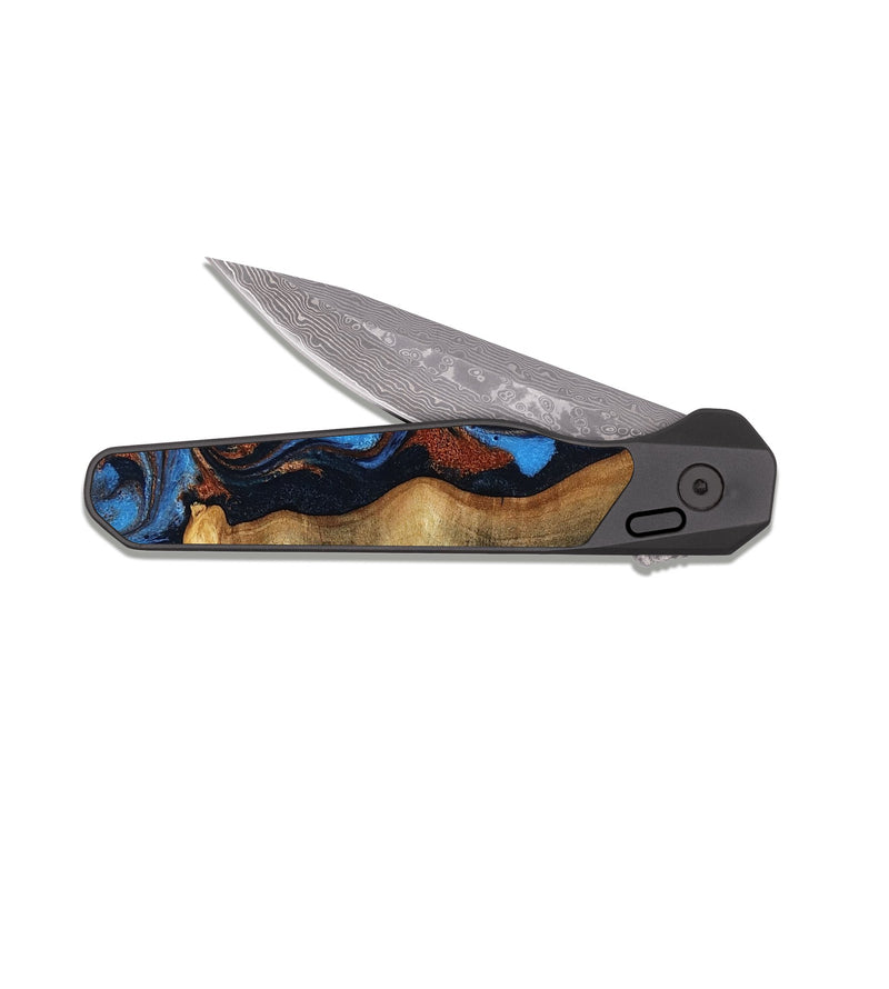 EDC Dark Damascus Wood Pocket Knife - Willard (Teal & Gold, 819075)