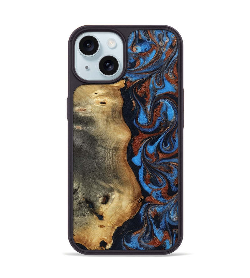 iPhone 15 Wood Phone Case - Willard (Teal & Gold, 819075)