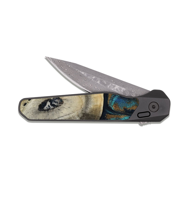 EDC Dark Damascus Wood Pocket Knife - Florene (Teal & Gold, 819076)