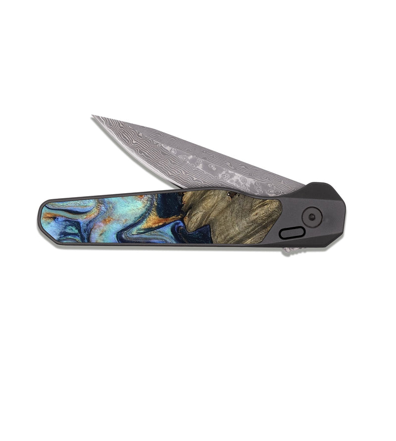 EDC Dark Damascus Wood Pocket Knife - Kari (Teal & Gold, 819077)