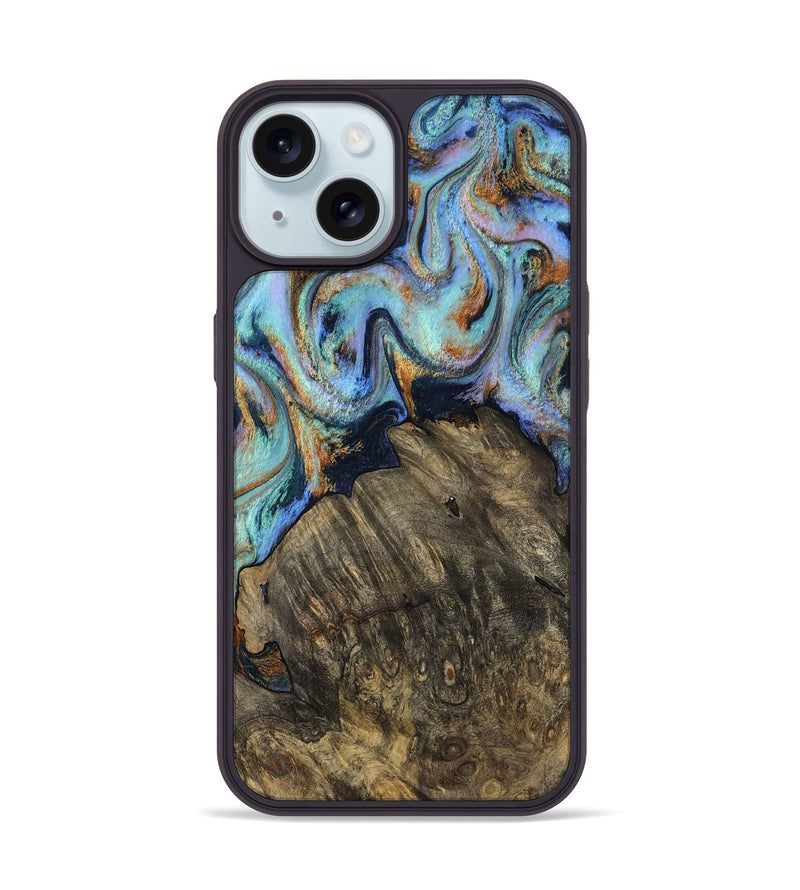 iPhone 15 Wood Phone Case - Kari (Teal & Gold, 819077)