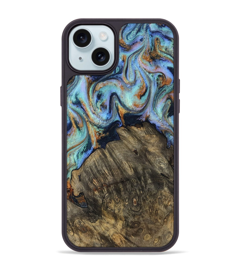 iPhone 15 Plus Wood Phone Case - Kari (Teal & Gold, 819077)