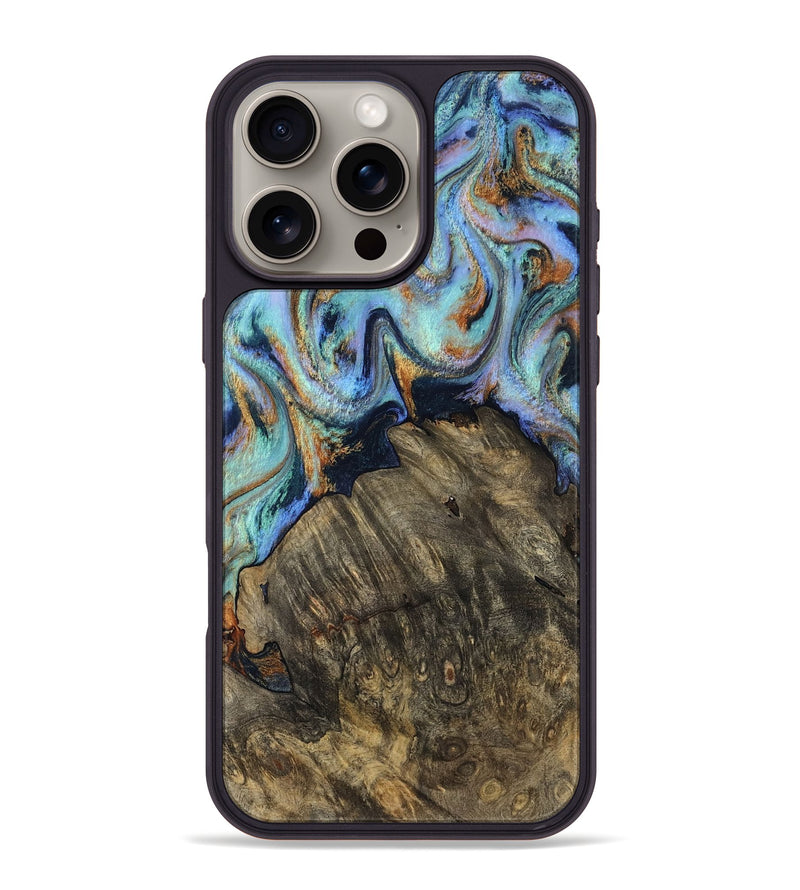 iPhone 16 Pro Max Wood Phone Case - Kari (Teal & Gold, 819077)