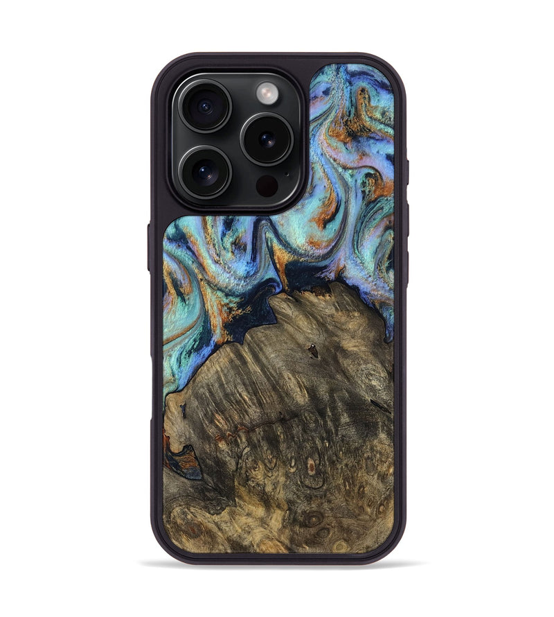 iPhone 16 Pro Wood Phone Case - Kari (Teal & Gold, 819077)