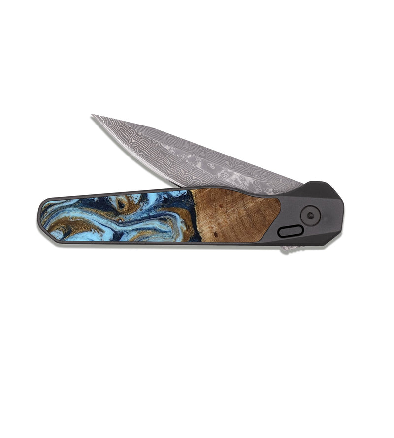 EDC Dark Damascus Wood Pocket Knife - Jarred (Teal & Gold, 819078)