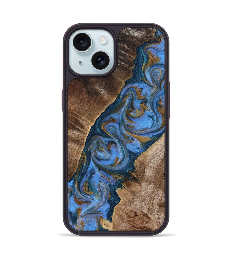 iPhone 15 Wood Phone Case - Diann (Teal & Gold, 819101)