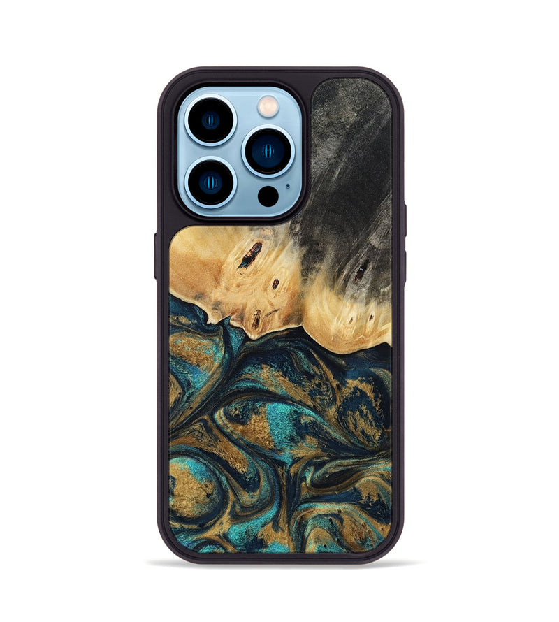 iPhone 14 Pro Wood Phone Case - Agnes (Teal & Gold, 819175)