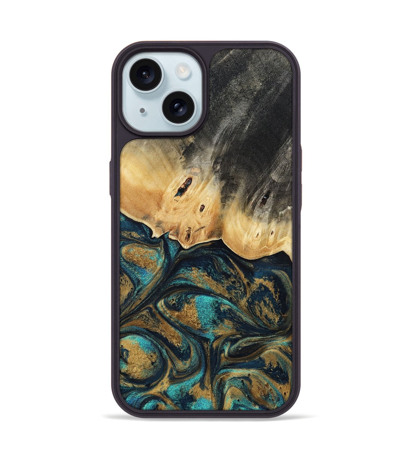 iPhone 15 Wood Phone Case - Agnes (Teal & Gold, 819175)