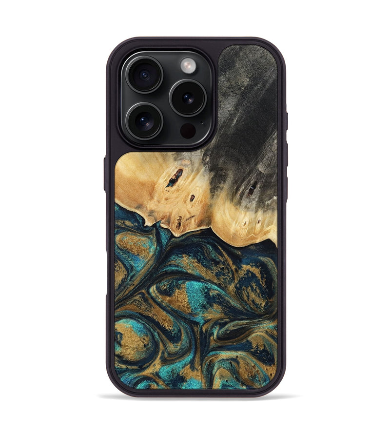 iPhone 16 Pro Wood Phone Case - Agnes (Teal & Gold, 819175)
