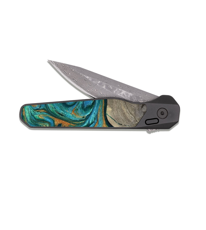 EDC Dark Damascus Wood Pocket Knife - Ocie (Teal & Gold, 819177)