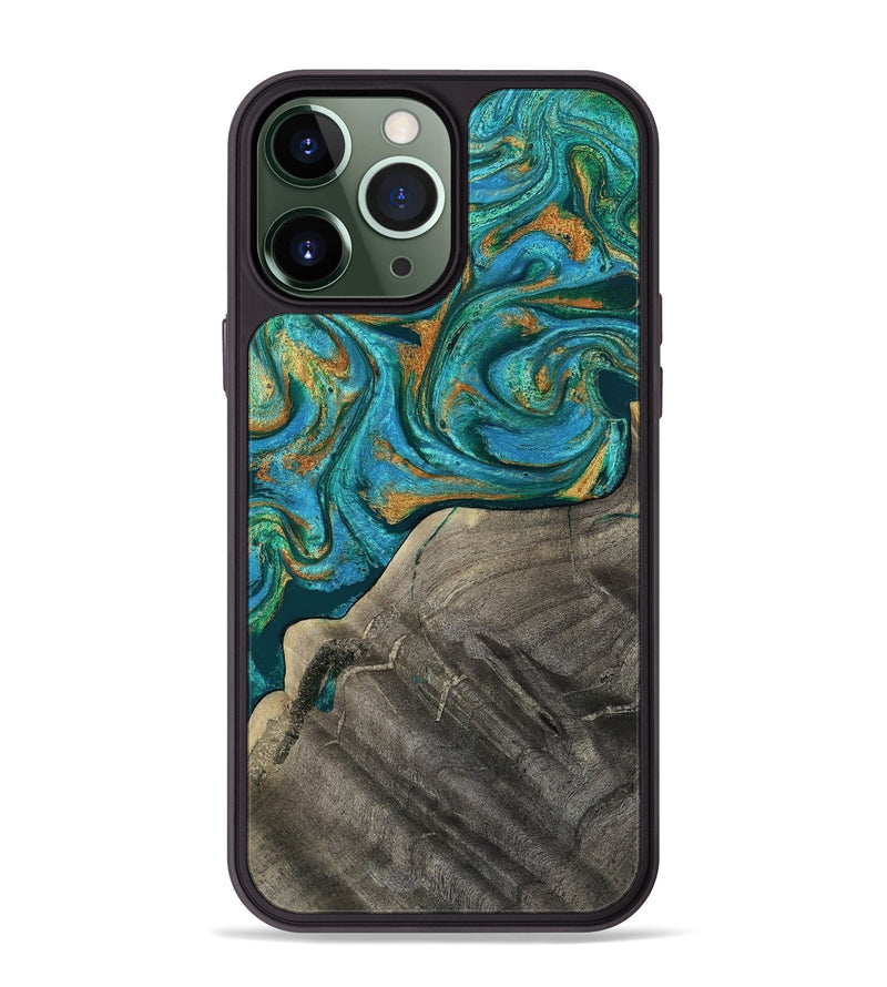 iPhone 13 Pro Max Wood Phone Case - Ocie (Teal & Gold, 819177)