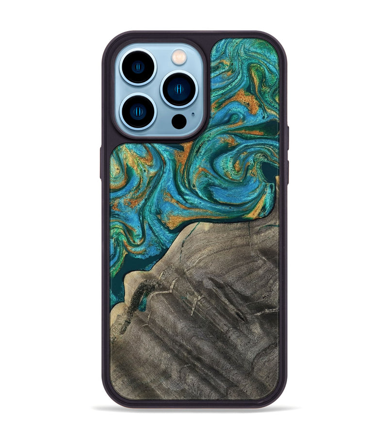 iPhone 14 Pro Max Wood Phone Case - Ocie (Teal & Gold, 819177)