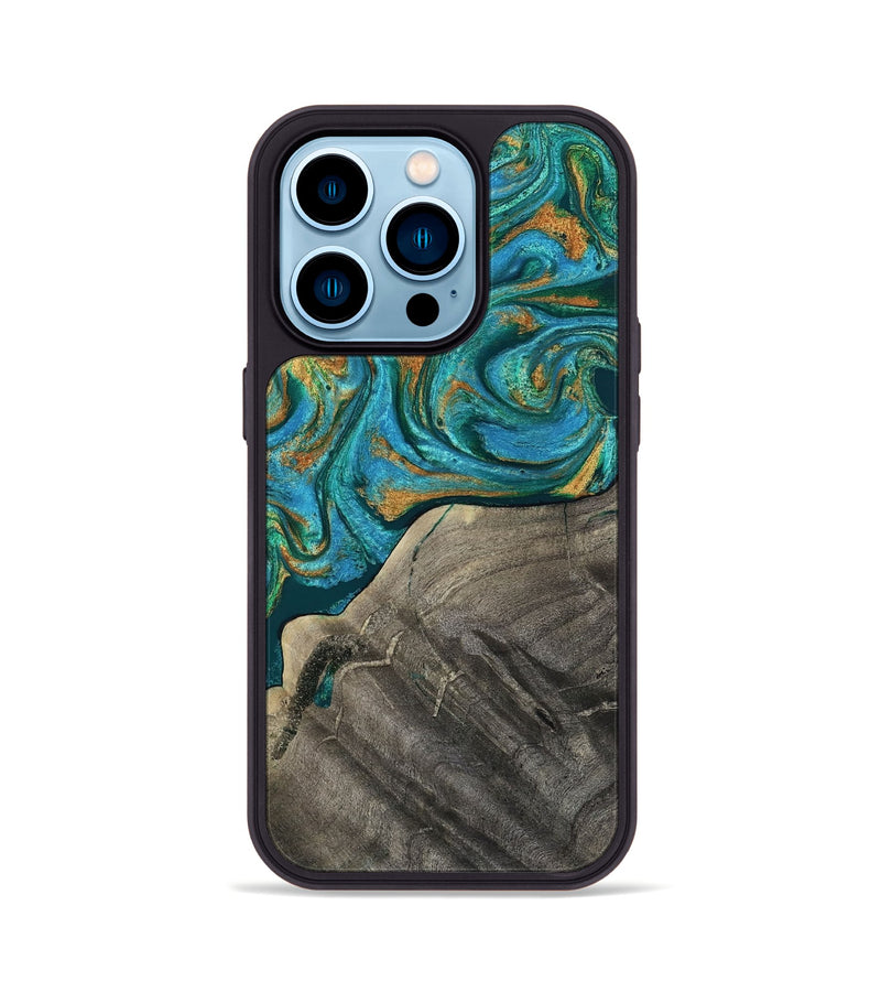 iPhone 14 Pro Wood Phone Case - Ocie (Teal & Gold, 819177)