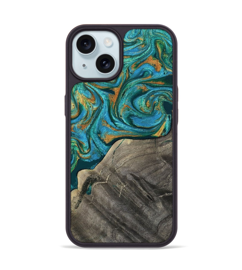 iPhone 15 Wood Phone Case - Ocie (Teal & Gold, 819177)