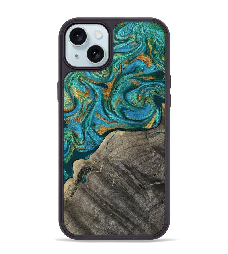 iPhone 15 Plus Wood Phone Case - Ocie (Teal & Gold, 819177)
