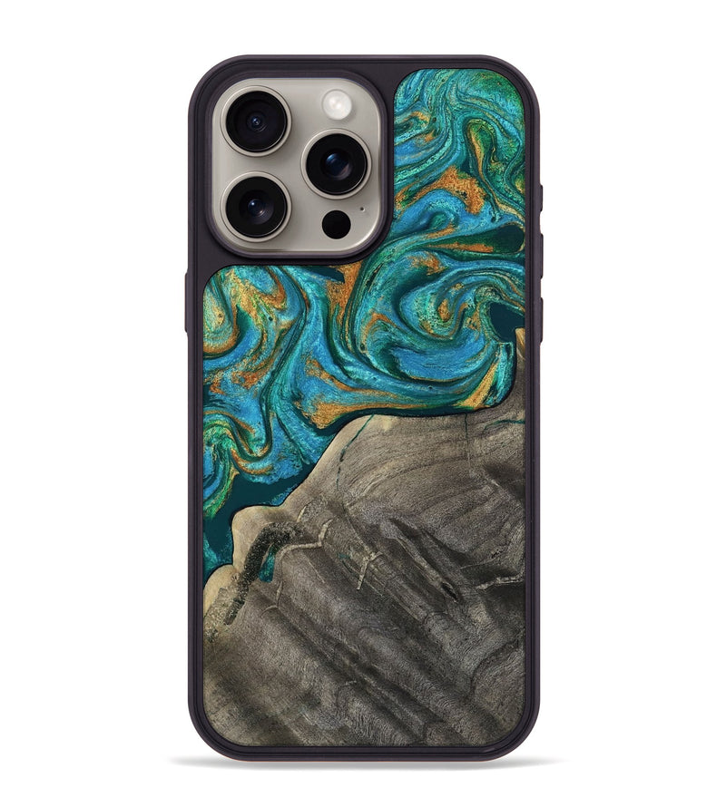 iPhone 15 Pro Max Wood Phone Case - Ocie (Teal & Gold, 819177)